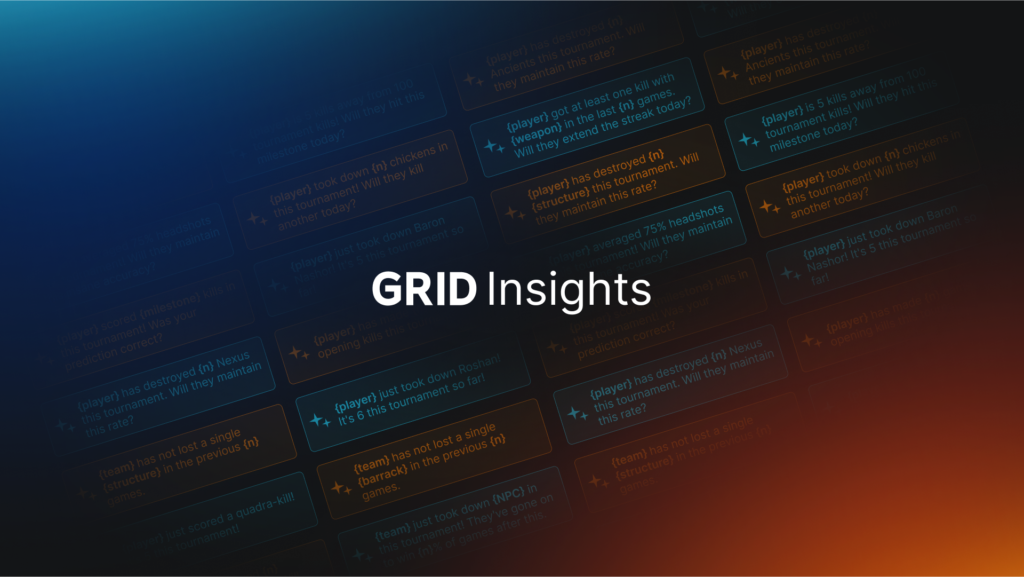 A dark, abstract background with glowing blue and orange gridlines overlaid with white text "GRID Insights" prominently in the center. Around the central text are various blurred examples of data points and questions, suggesting real-time analysis of esports tournament events, such as player kills, structure destruction, and team performance, with predictive questions about maintaining rates or extending streaks. The overall purpose of the image is to visually represent the concept of data-driven insights and real-time AI context in esports, specifically for GRID Insights.