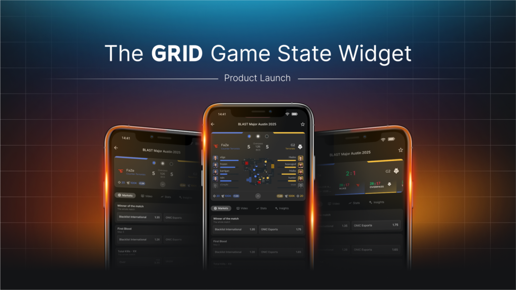 Mobile screens displaying a live esports game state widget with real-time player stats, team data, and in-game map insights.